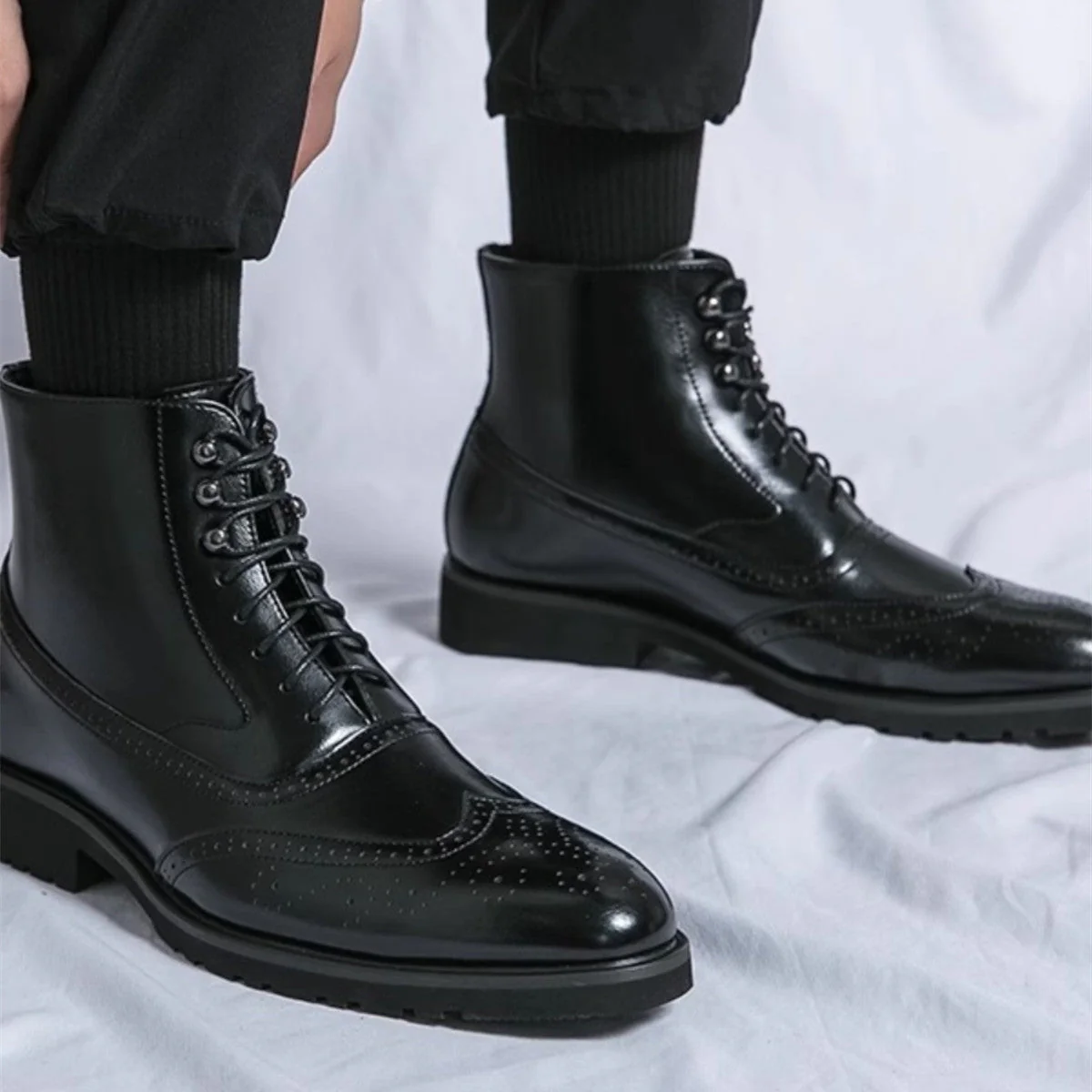 Supportive Mens Mid-Top Work Boots - Brogue, Leather, Fall - Image 4