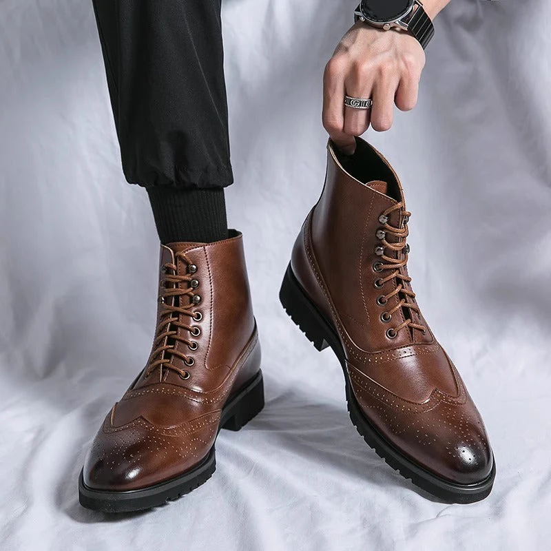 Supportive Mens Mid-Top Work Boots - Brogue, Leather, Fall - Image 7