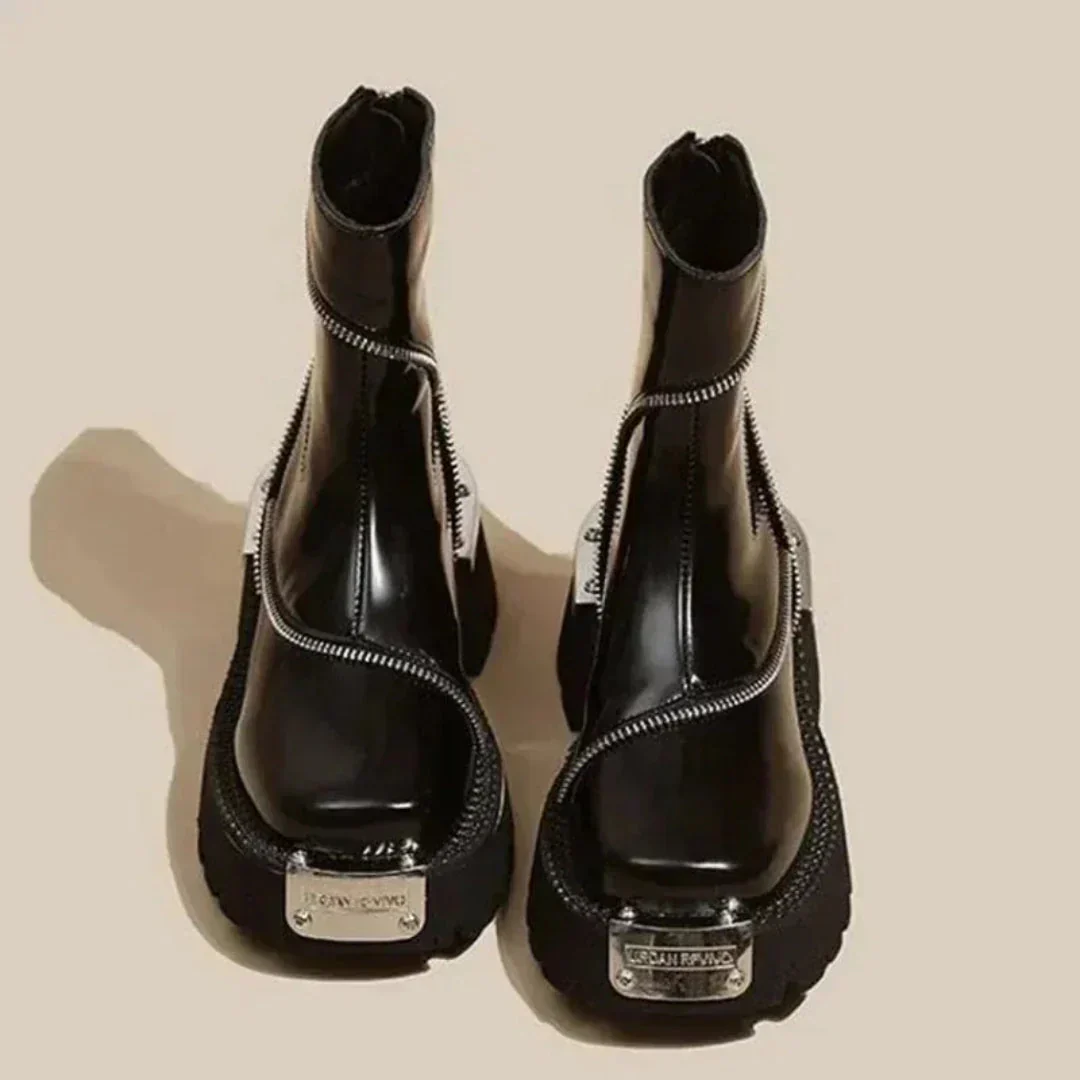 Supportive Women's Ankle Boots - Asymmetric Zip, Patent - Image 2