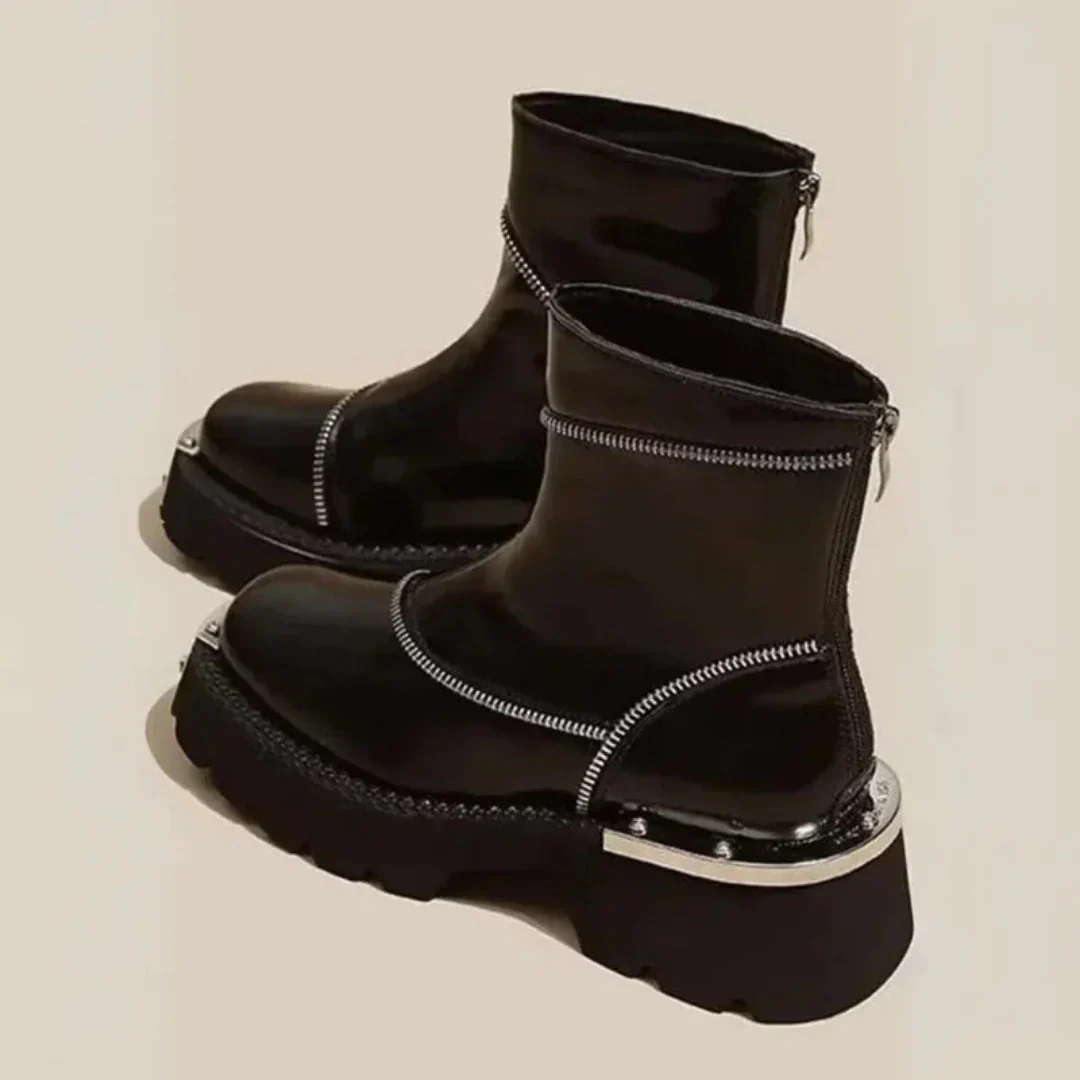 Supportive Women's Ankle Boots - Asymmetric Zip, Patent - Image 4