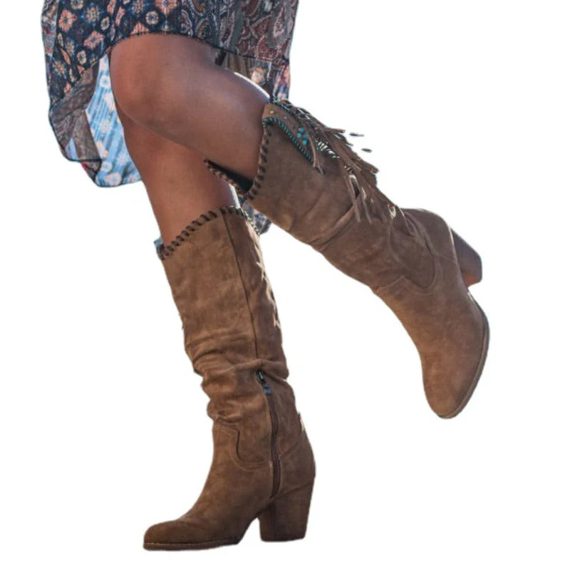 Supportive Women's Knee-High Boots - Western Fringe, Suede - Image 2