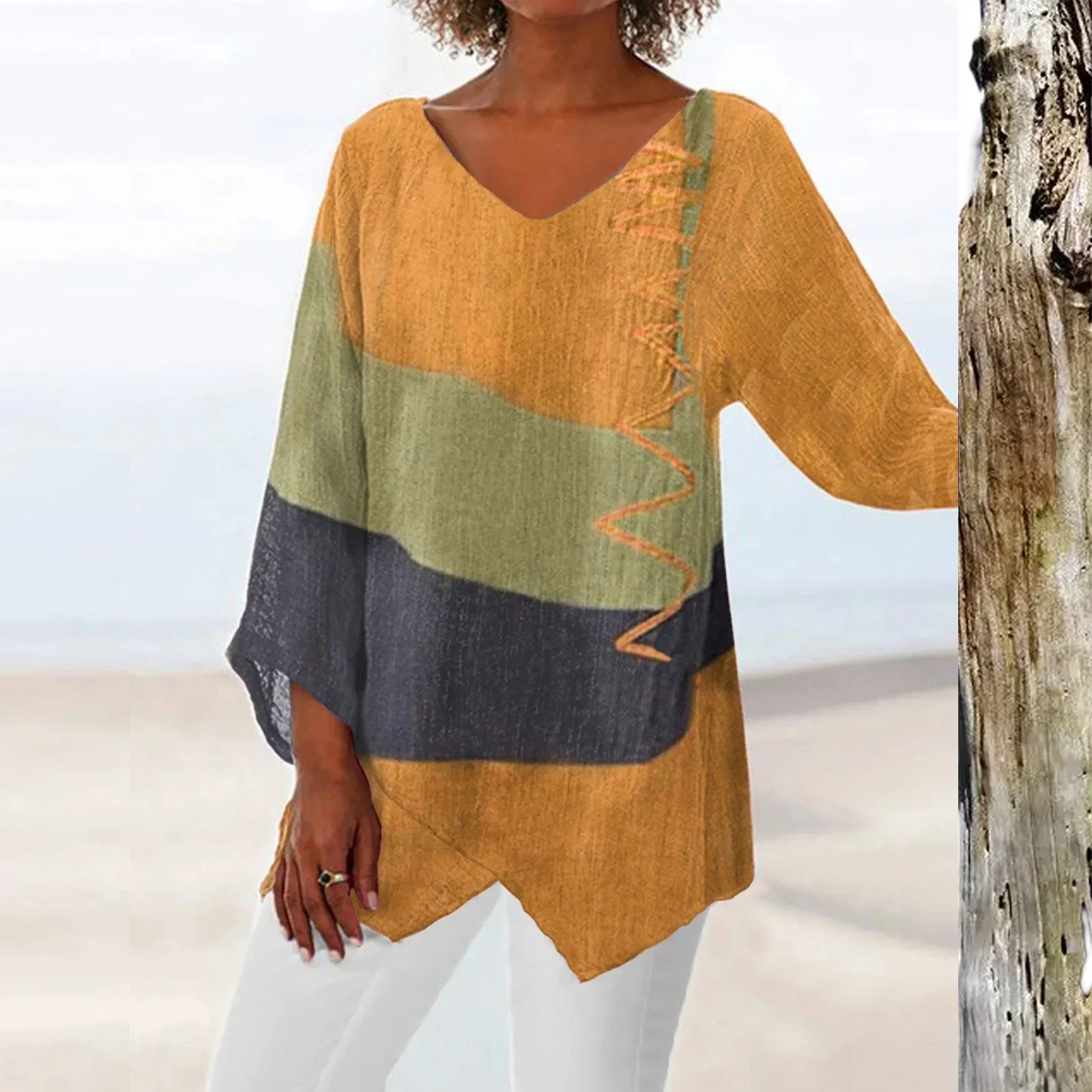 T Shirt Women New Fashion Casual V-Neck Long Sleeve Patchwork Top - Image 3