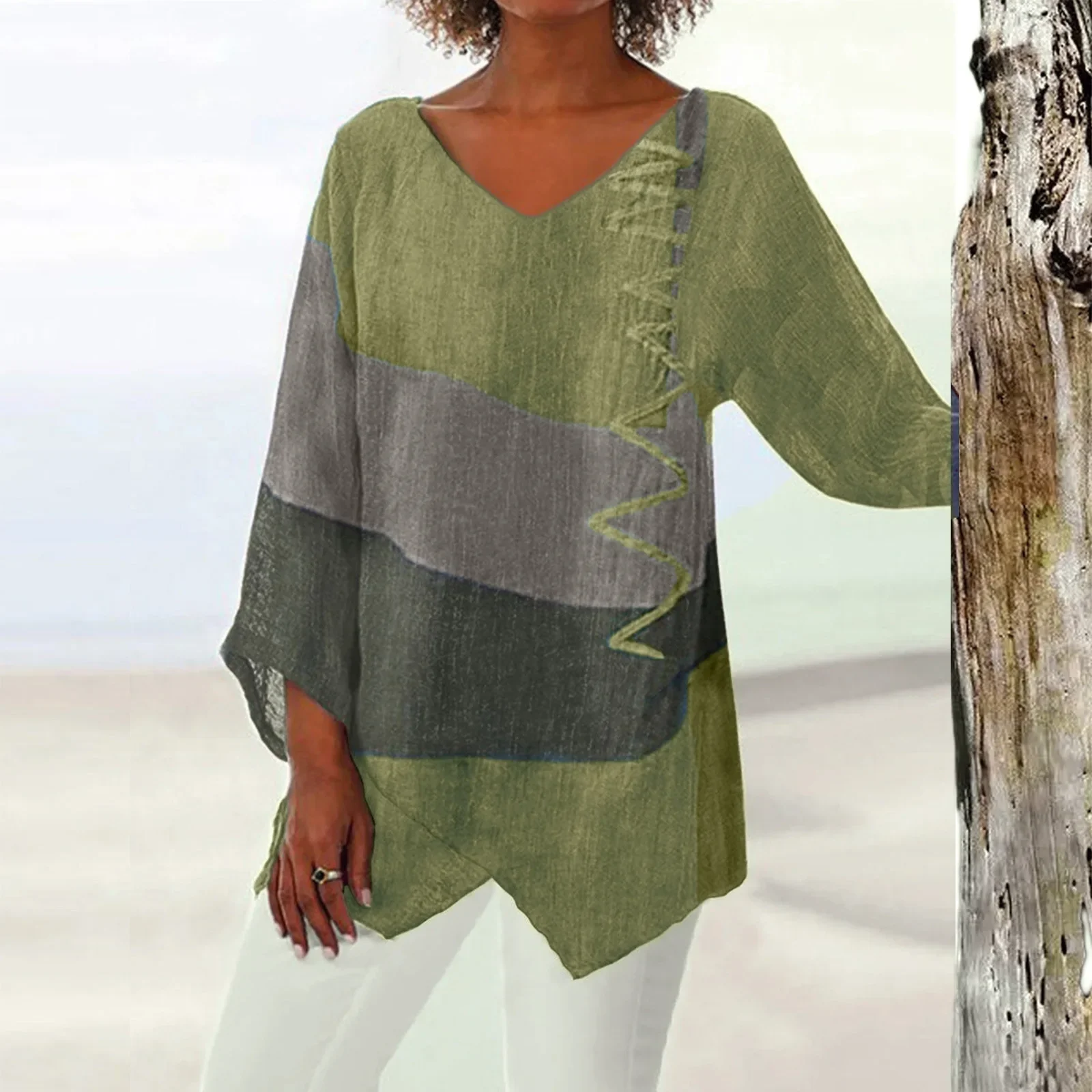 T Shirt Women New Fashion Casual V-Neck Long Sleeve Patchwork Top - Image 4