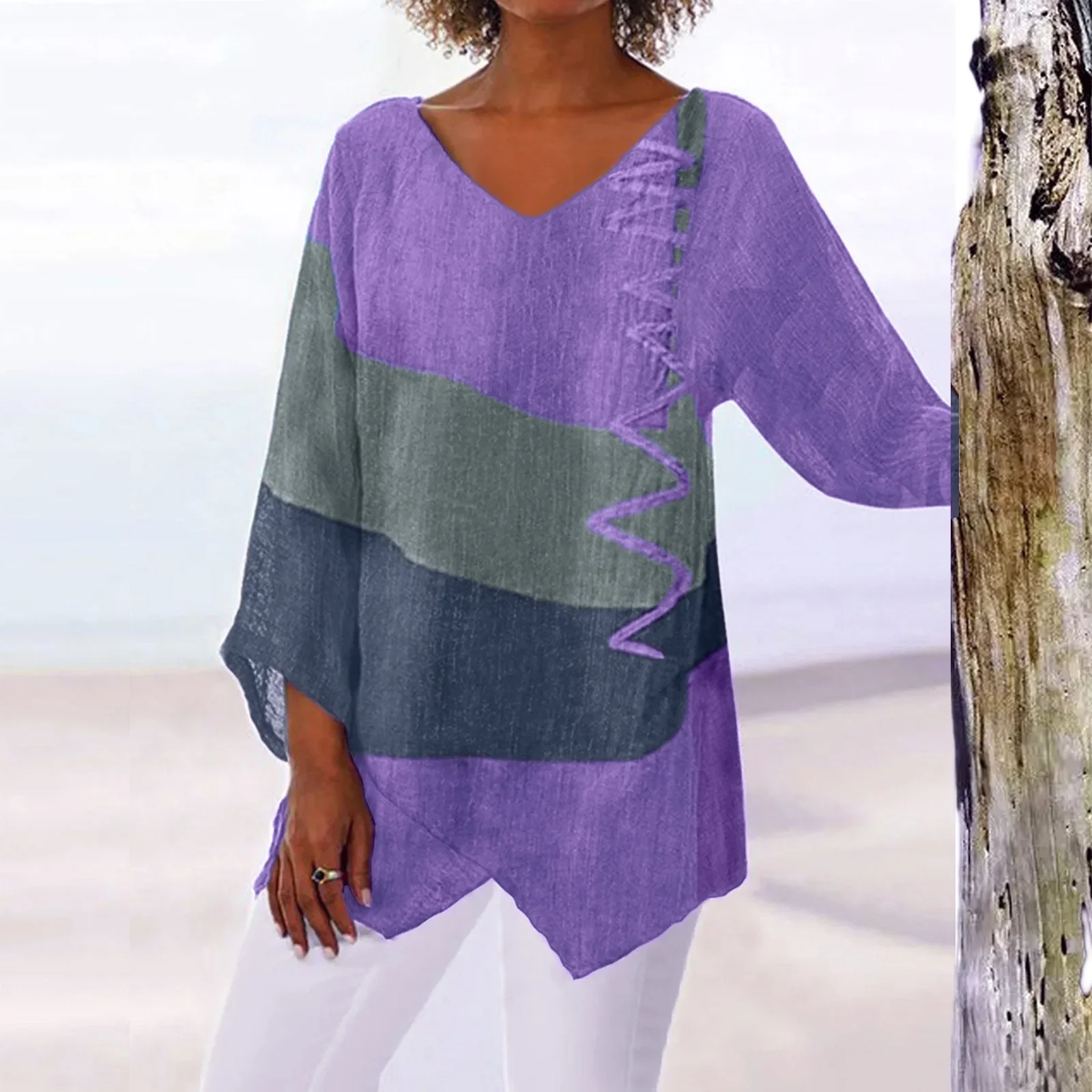 T Shirt Women New Fashion Casual V-Neck Long Sleeve Patchwork Top - Image 5