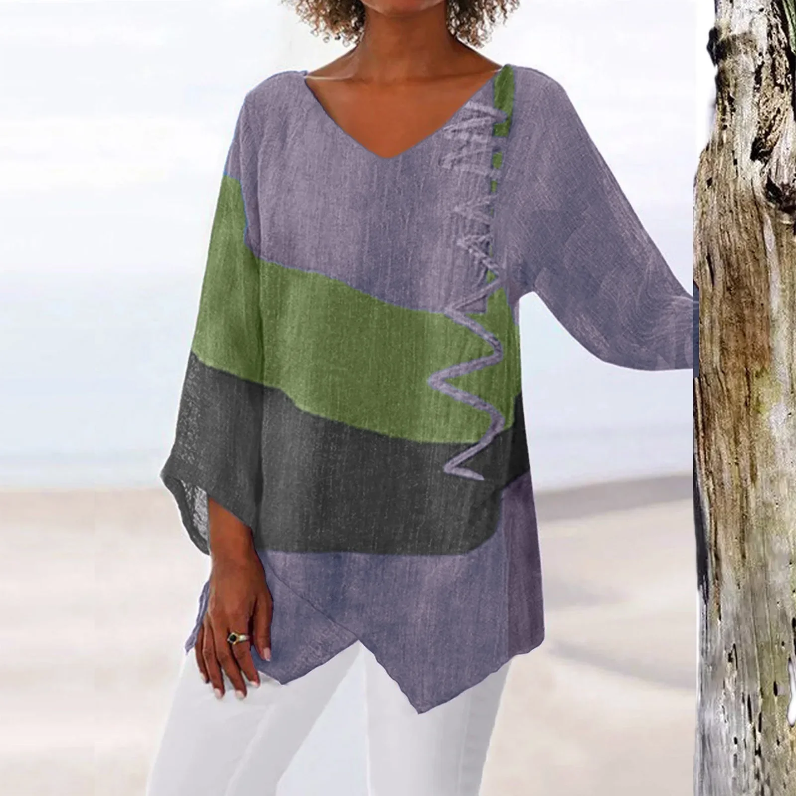 T Shirt Women New Fashion Casual V-Neck Long Sleeve Patchwork Top - Image 6