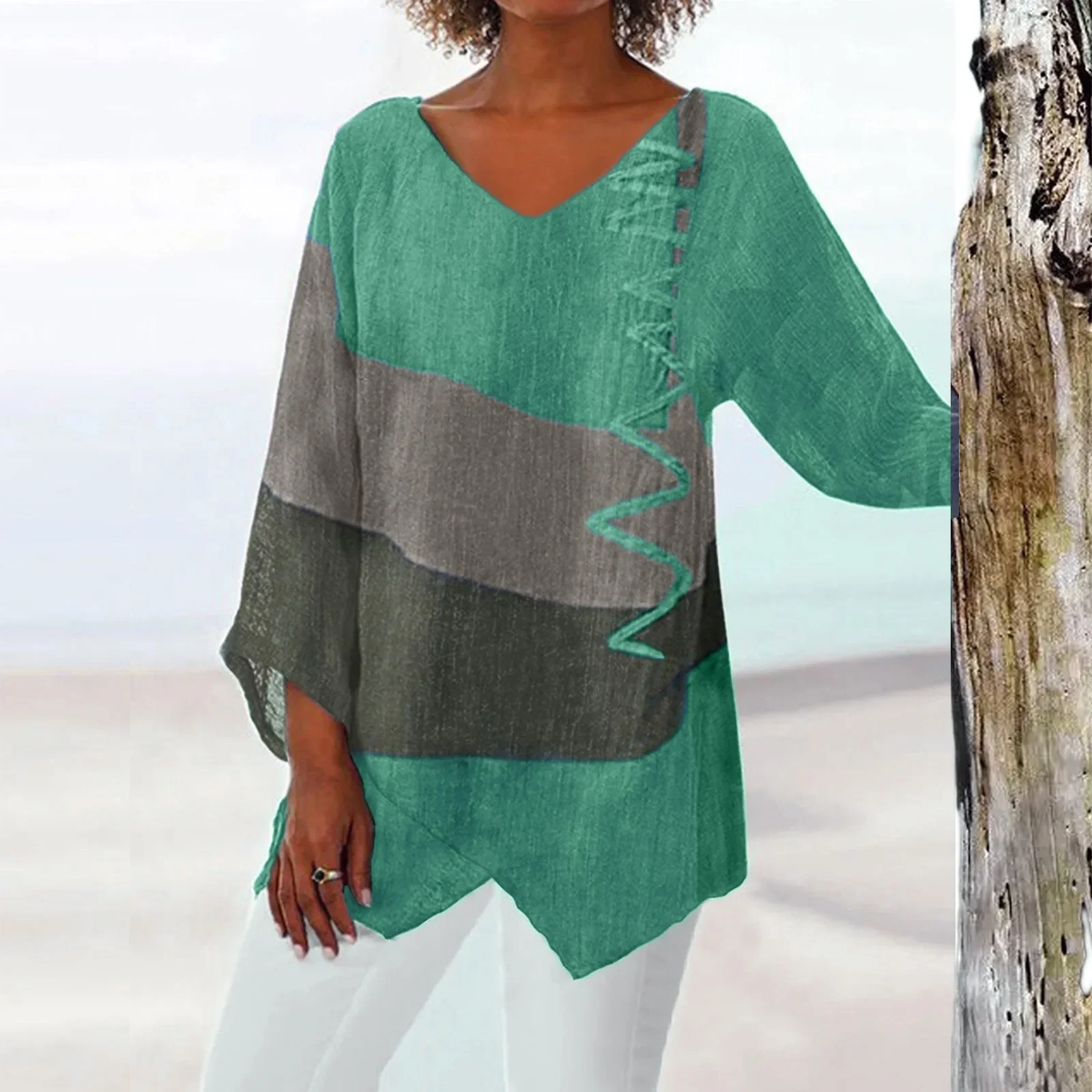 T Shirt Women New Fashion Casual V-Neck Long Sleeve Patchwork Top - Image 7