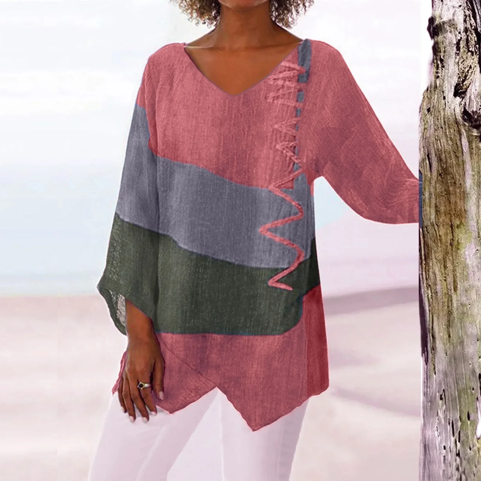 T Shirt Women New Fashion Casual V-Neck Long Sleeve Patchwork Top - Image 8
