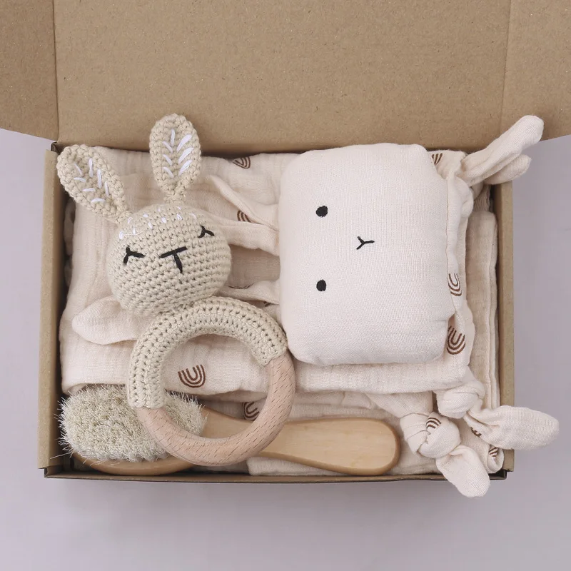 Teething Toy Wooden Ring Rattle Set With Cotton Gauze Mobile Gym Newborn Gift Fall 2025 Soothing - Image 2