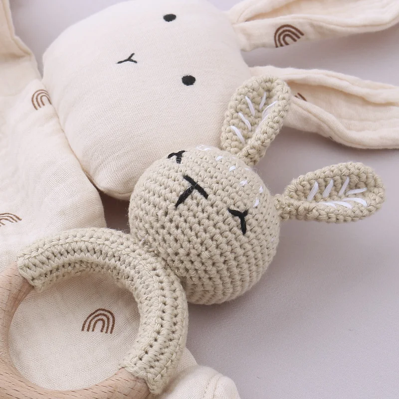 Teething Toy Wooden Ring Rattle Set With Cotton Gauze Mobile Gym Newborn Gift Fall 2025 Soothing - Image 5