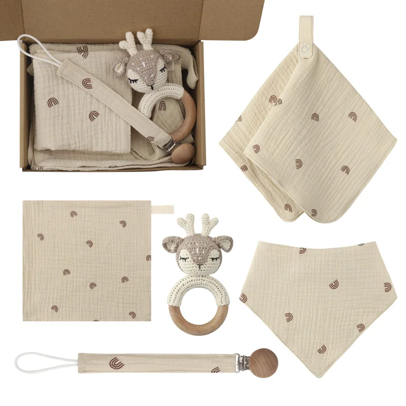 Teething Toy Wooden Ring Rattle Set With Cotton Gauze Mobile Gym Newborn Gift Fall 2025 Soothing - Image 8