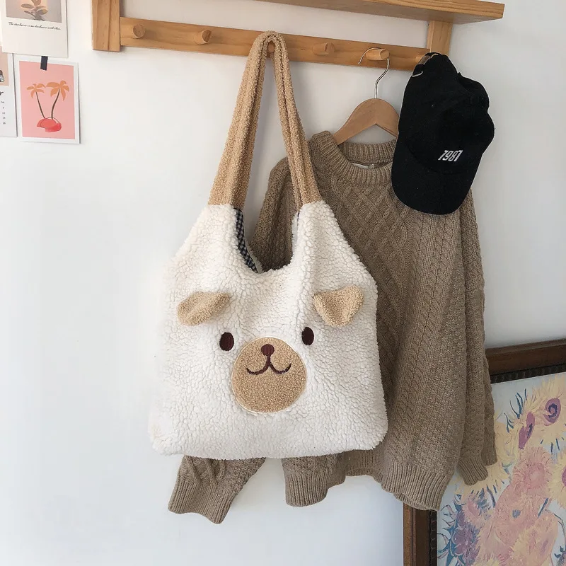 Tote Bag Soft Plush Cartoon Embroidery Shoulder Bag Winter 2025 Cozy Faux Lamb Hair Shopper Gift - Image 10
