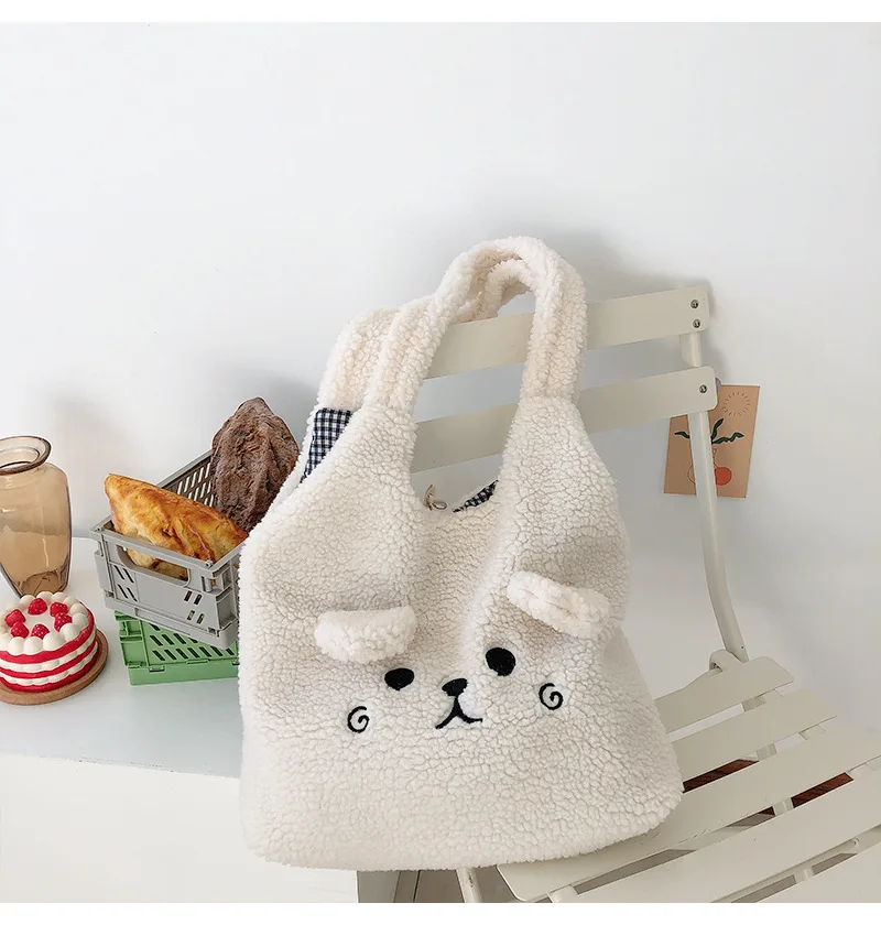 Tote Bag Soft Plush Cartoon Embroidery Shoulder Bag Winter 2025 Cozy Faux Lamb Hair Shopper Gift - Image 4