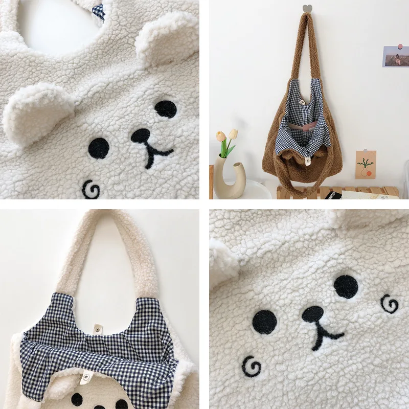Tote Bag Soft Plush Cartoon Embroidery Shoulder Bag Winter 2025 Cozy Faux Lamb Hair Shopper Gift - Image 5