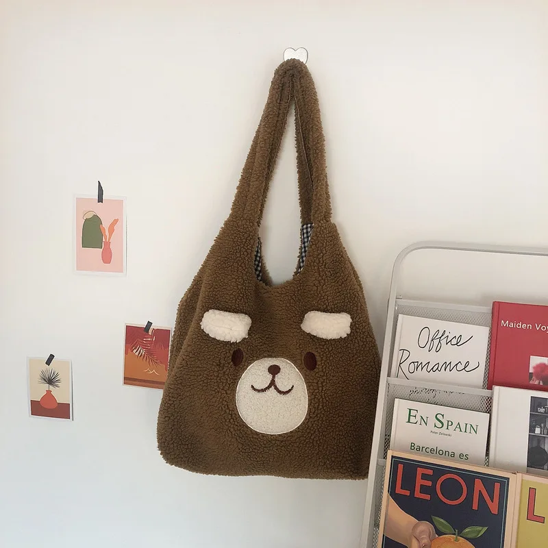 Tote Bag Soft Plush Cartoon Embroidery Shoulder Bag Winter 2025 Cozy Faux Lamb Hair Shopper Gift - Image 7