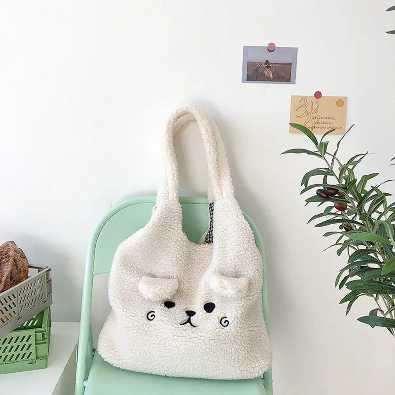 Tote Bag Soft Plush Cartoon Embroidery Shoulder Bag Winter 2025 Cozy Faux Lamb Hair Shopper Gift - Image 8
