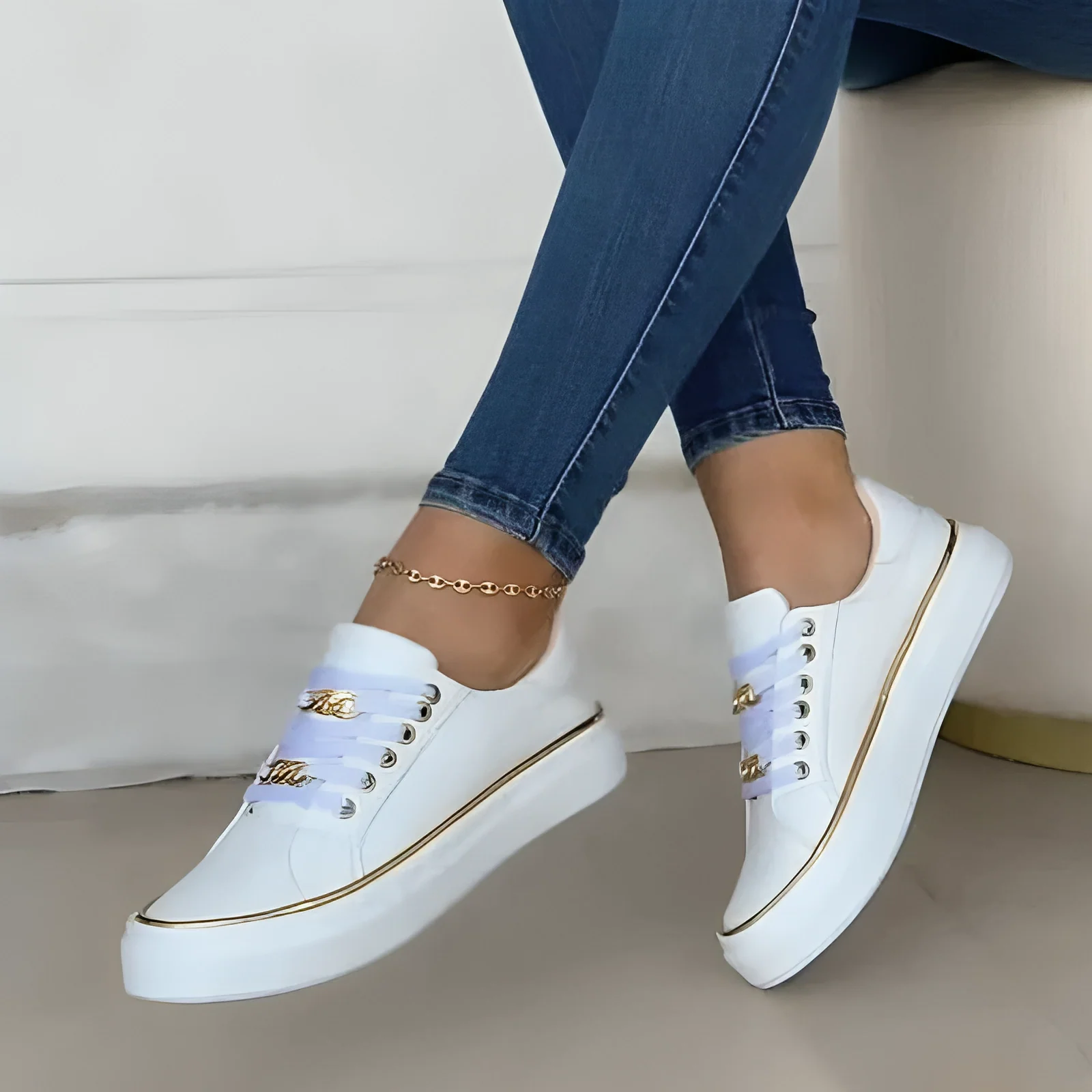 Trendy Black Low-Top Sneakers with Gold Accents for All-Day Comfort and Durable PU Leather Construction - Image 3