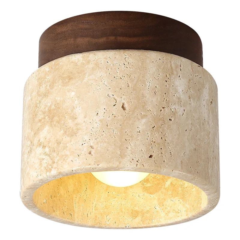 Japandi Travertine Ceiling Light Wood Cap Round Mid Century Lamp