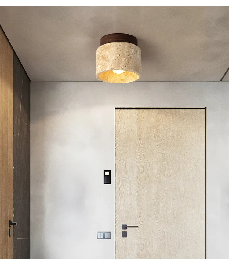 Japandi Travertine Ceiling Light Wood Cap Round Mid Century Lamp - Image 10