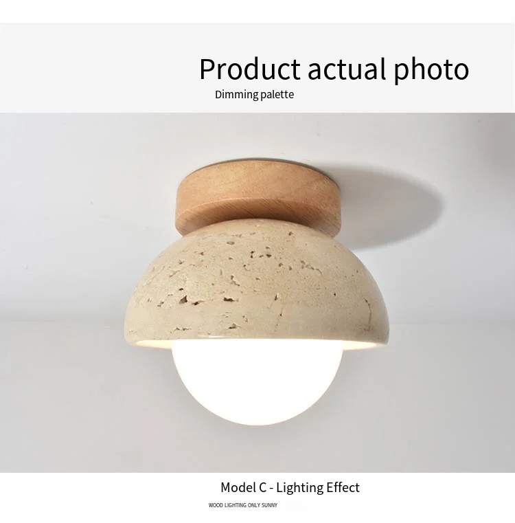 Japandi Travertine Ceiling Light Wood Cap Round Mid Century Lamp - Image 13