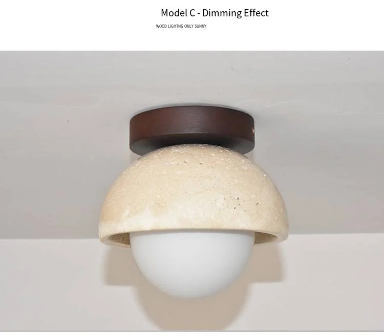 Japandi Travertine Ceiling Light Wood Cap Round Mid Century Lamp - Image 14
