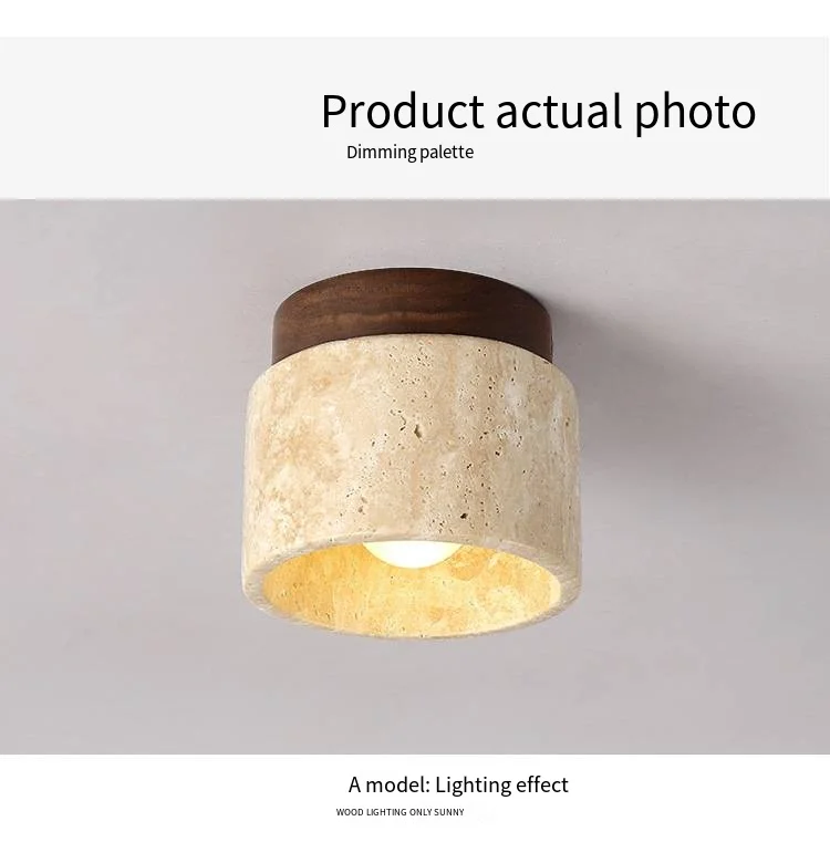 Japandi Travertine Ceiling Light Wood Cap Round Mid Century Lamp - Image 15