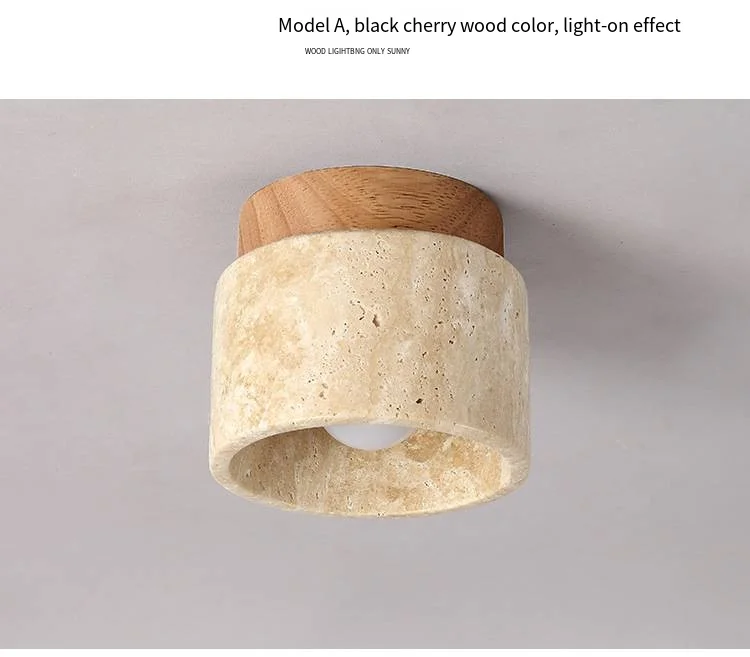Japandi Travertine Ceiling Light Wood Cap Round Mid Century Lamp - Image 16