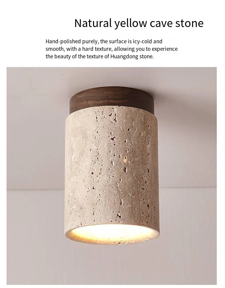 Japandi Travertine Ceiling Light Wood Cap Round Mid Century Lamp - Image 17