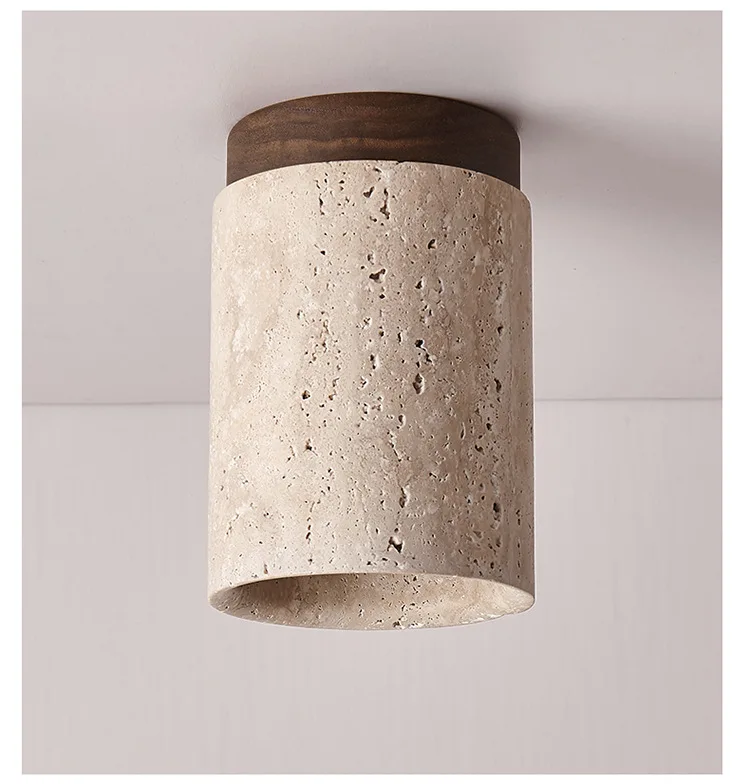 Japandi Travertine Ceiling Light Wood Cap Round Mid Century Lamp - Image 18