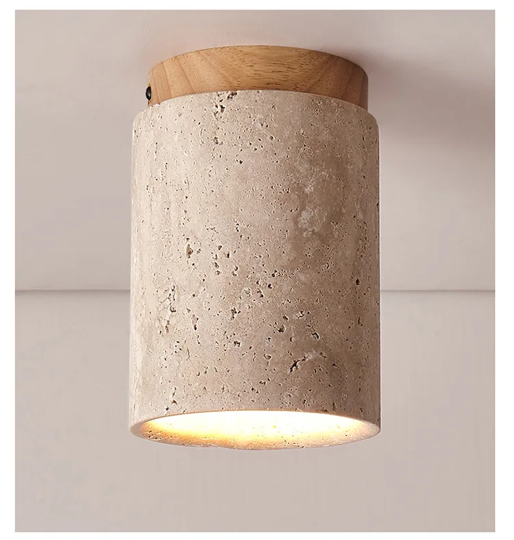 Japandi Travertine Ceiling Light Wood Cap Round Mid Century Lamp - Image 19