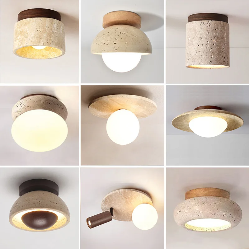 Japandi Travertine Ceiling Light Wood Cap Round Mid Century Lamp - Image 2