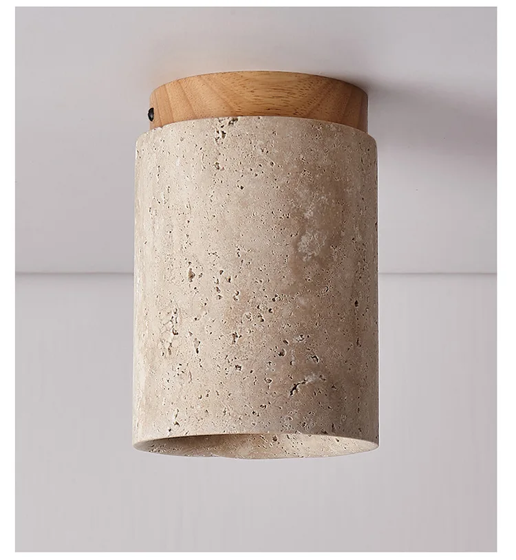 Japandi Travertine Ceiling Light Wood Cap Round Mid Century Lamp - Image 20