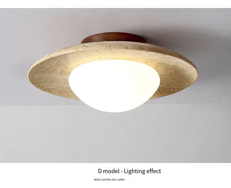 Japandi Travertine Ceiling Light Wood Cap Round Mid Century Lamp - Image 21