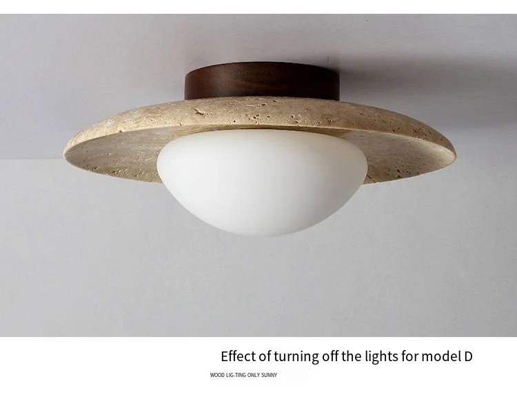 Japandi Travertine Ceiling Light Wood Cap Round Mid Century Lamp - Image 22