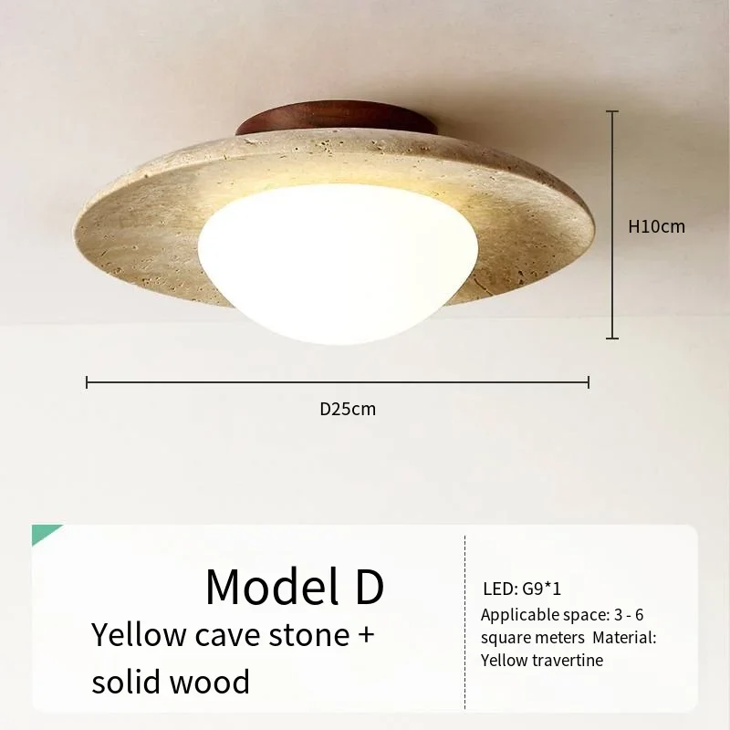 Japandi Travertine Ceiling Light Wood Cap Round Mid Century Lamp - Image 26
