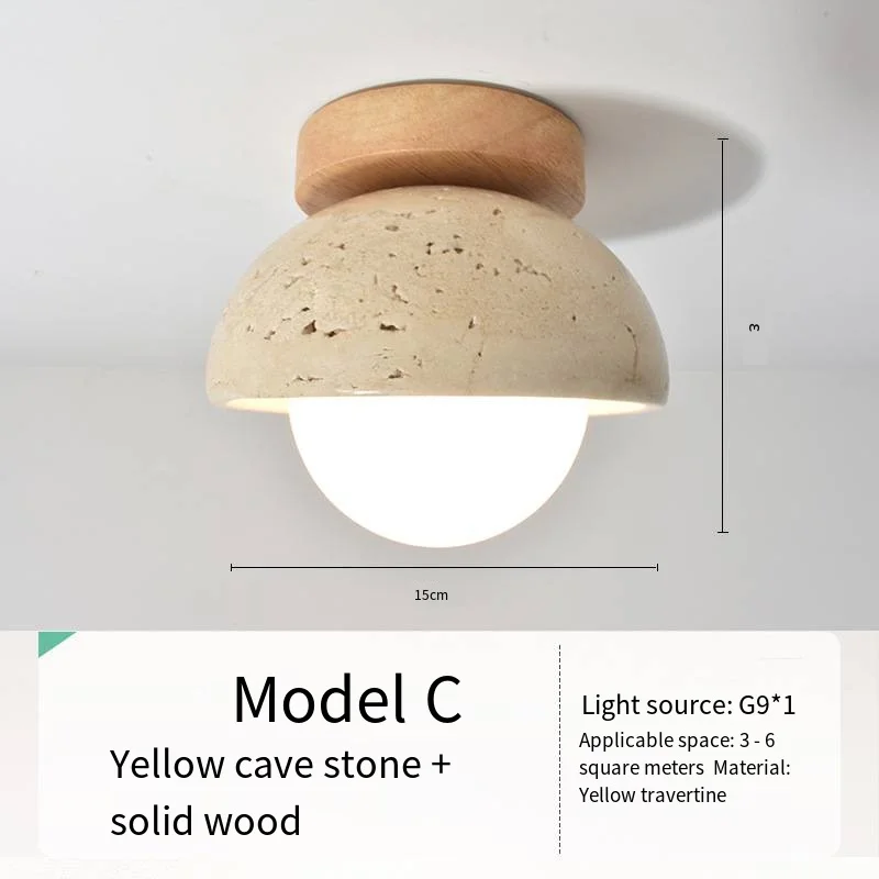 Japandi Travertine Ceiling Light Wood Cap Round Mid Century Lamp - Image 27