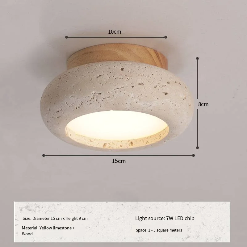 Japandi Travertine Ceiling Light Wood Cap Round Mid Century Lamp - Image 29