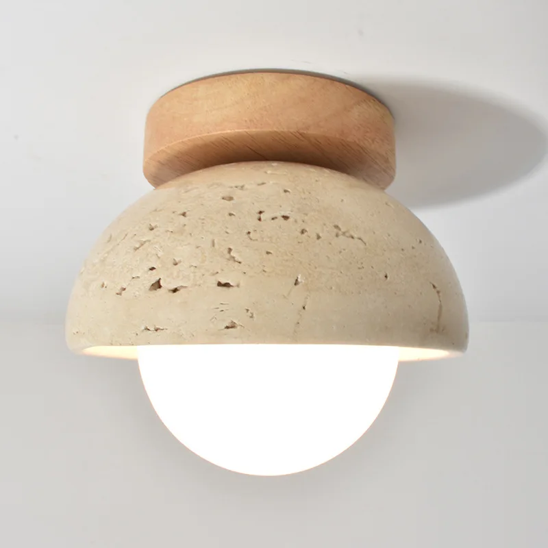 Japandi Travertine Ceiling Light Wood Cap Round Mid Century Lamp - Image 3