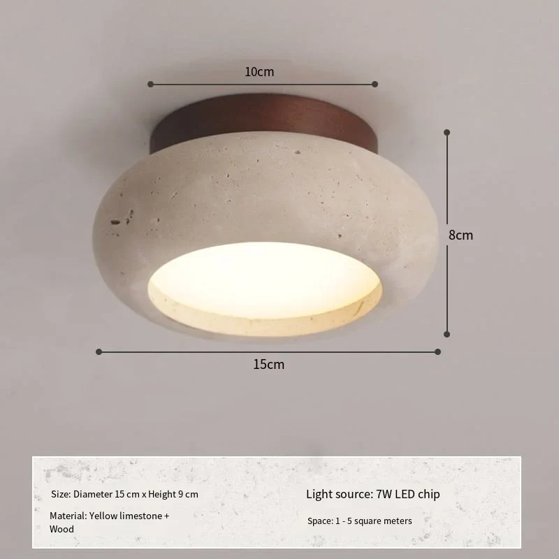 Japandi Travertine Ceiling Light Wood Cap Round Mid Century Lamp - Image 30