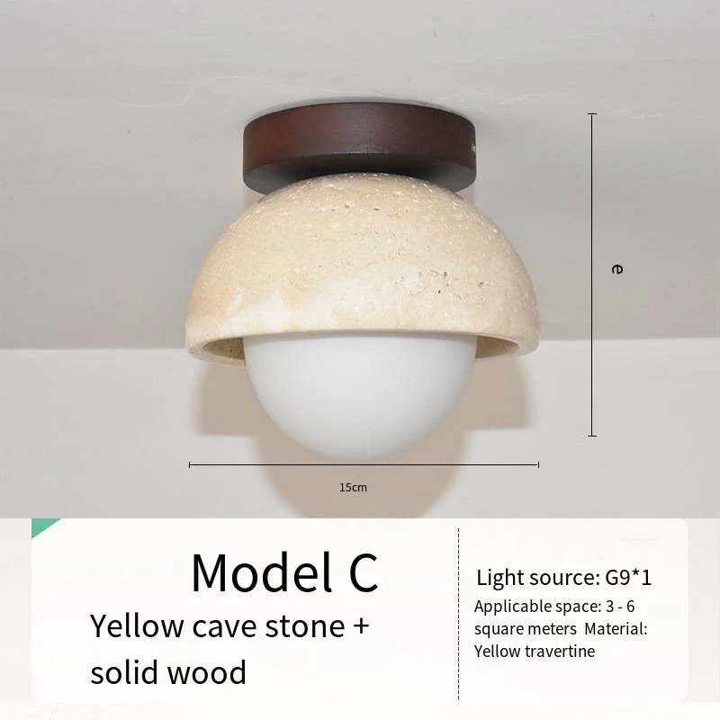 Japandi Travertine Ceiling Light Wood Cap Round Mid Century Lamp - Image 31
