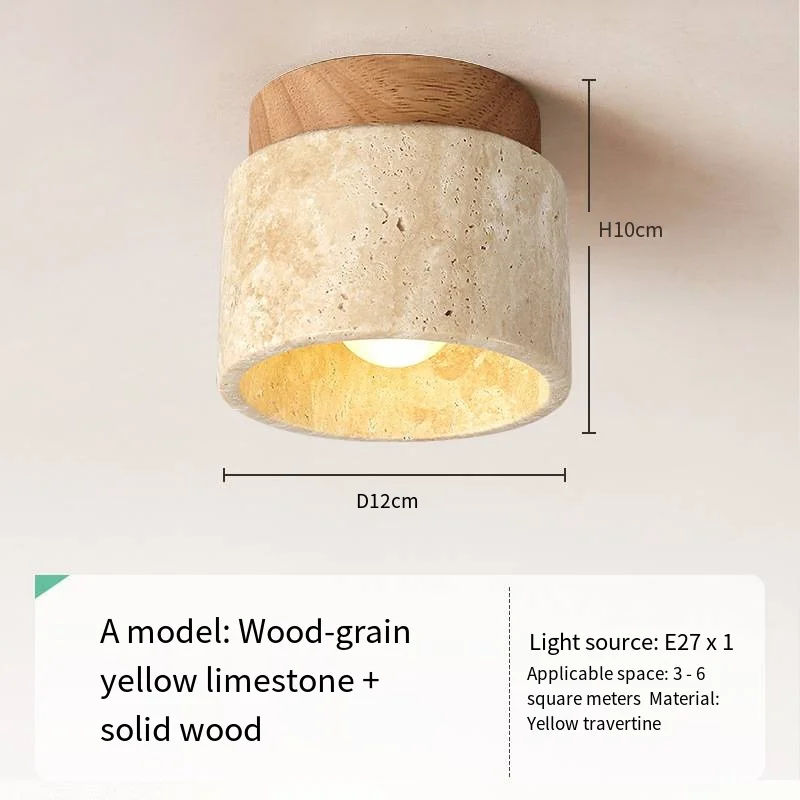 Japandi Travertine Ceiling Light Wood Cap Round Mid Century Lamp - Image 32