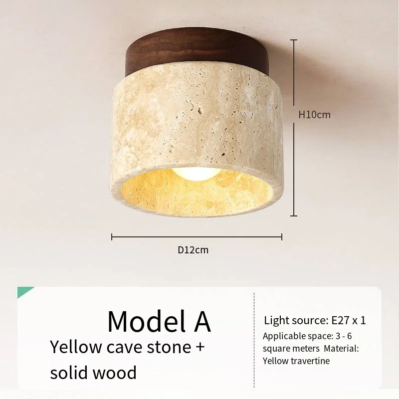 Japandi Travertine Ceiling Light Wood Cap Round Mid Century Lamp - Image 34