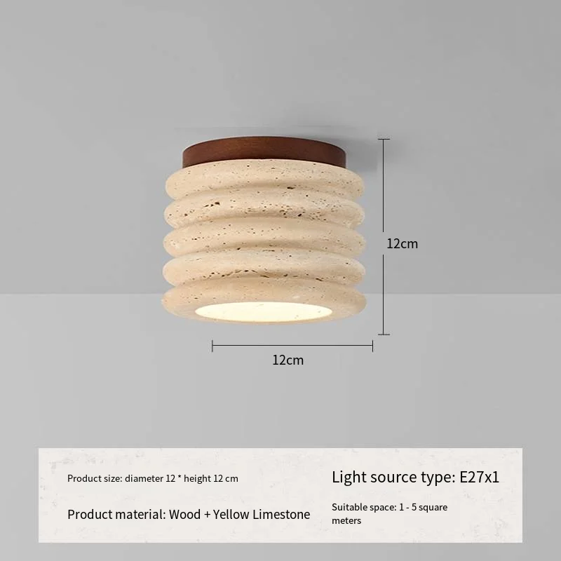 Japandi Travertine Ceiling Light Wood Cap Round Mid Century Lamp - Image 35