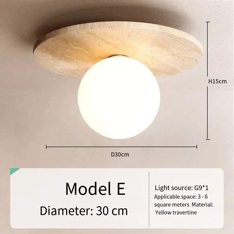 Japandi Travertine Ceiling Light Wood Cap Round Mid Century Lamp - Image 36