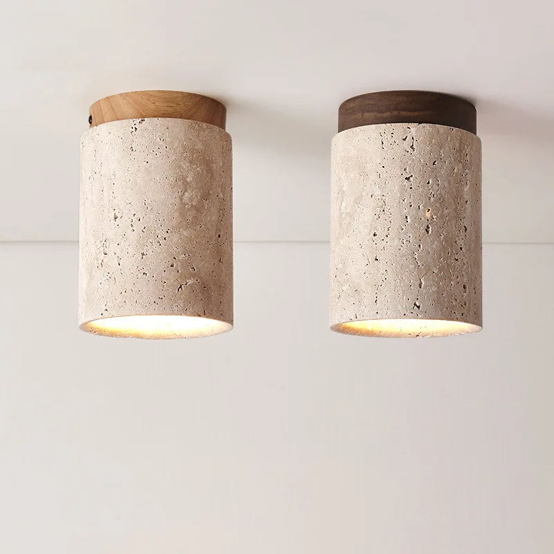 Japandi Travertine Ceiling Light Wood Cap Round Mid Century Lamp - Image 4