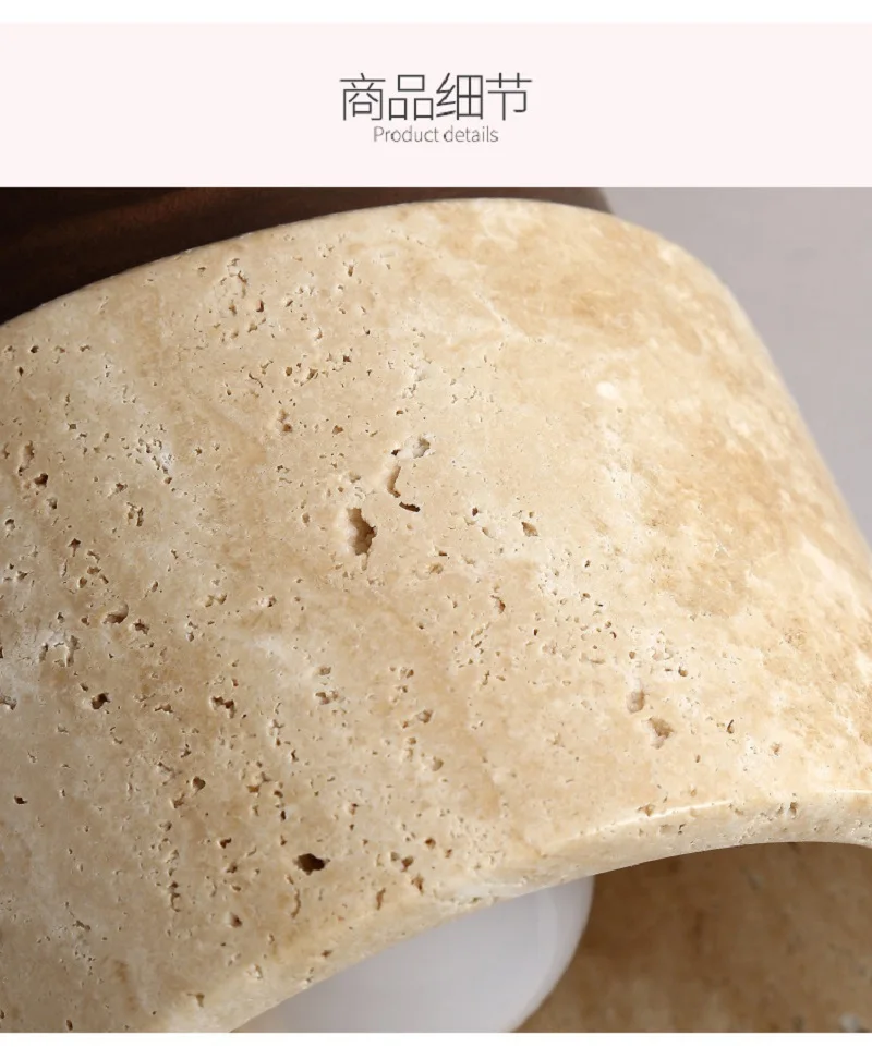 Japandi Travertine Ceiling Light Wood Cap Round Mid Century Lamp - Image 5