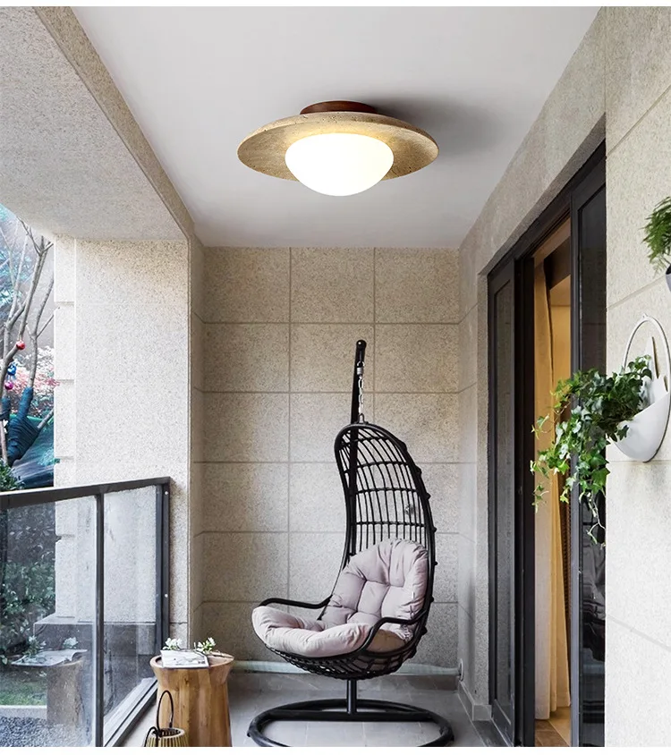 Japandi Travertine Ceiling Light Wood Cap Round Mid Century Lamp - Image 6