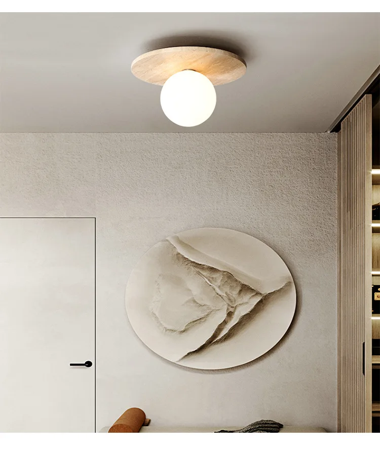 Japandi Travertine Ceiling Light Wood Cap Round Mid Century Lamp - Image 7
