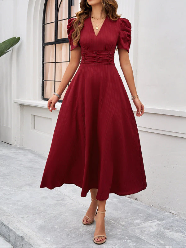 V-Neck A-Line Midi Dress with Puff Sleeves for Women, Elegant Midi Dress, Flattering Fit, Day-to-Night Versatility