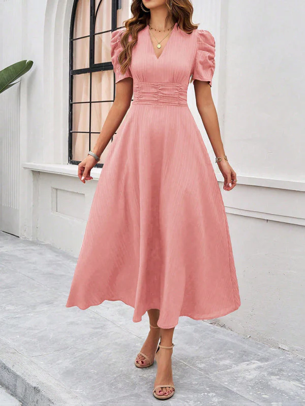 V-Neck A-Line Midi Dress with Puff Sleeves for Women, Elegant Midi Dress, Flattering Fit, Day-to-Night Versatility - Image 10