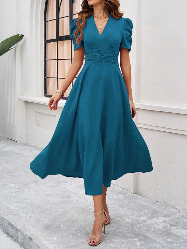 V-Neck A-Line Midi Dress with Puff Sleeves for Women, Elegant Midi Dress, Flattering Fit, Day-to-Night Versatility - Image 11